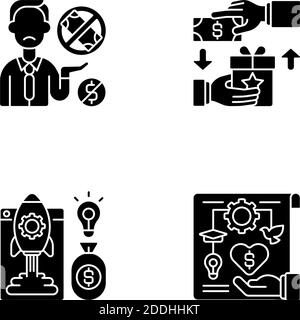 Crowdfunding issues black glyph icons set on white space Stock Vector