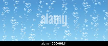 Heart shaped bubbles in water on blue background Stock Vector