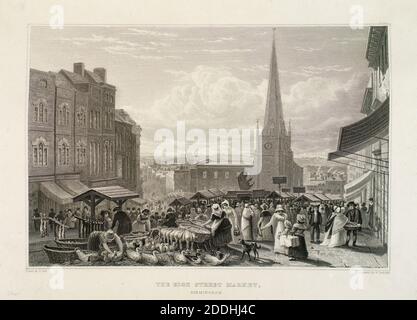 The High Street Market, Birmingham, 1827, St Martin's Church shown in background, centre of picture. Artist: David Cox, Engraver: William Radclyffe Stock Photo