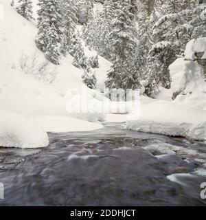 winter snow along the south fork of west fork gallatin river near big sky, montana Stock Photo