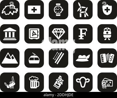 Switzerland Country & Culture Icons White On Black Flat Design Set Big Stock Vector