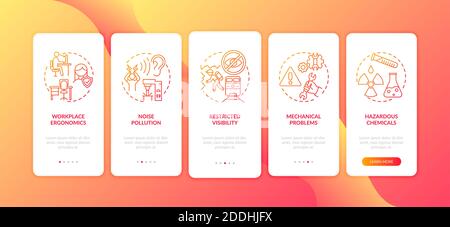 Workplace safety concerns onboarding mobile app page screen with concepts Stock Vector