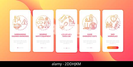 Workplace safety elements onboarding mobile app page screen with concepts Stock Vector