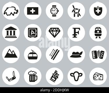 Switzerland Country & Culture Icons Black & White Flat Design Circle Set Big Stock Vector