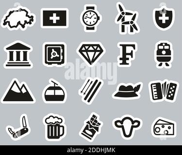 Switzerland Country & Culture Icons Black & White Sticker Set Big Stock Vector