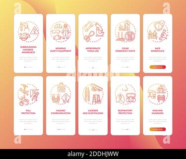 Workplace safety onboarding mobile app page screen with concepts set Stock Vector