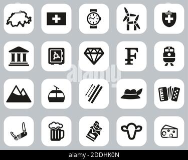 Switzerland Country & Culture Icons Black & White Flat Design Set Big Stock Vector