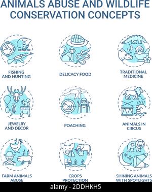 Animal abuse and wildlife conservation turquoise concept icons set Stock Vector