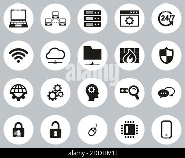 System Administrator Icons Black & White Flat Design Circle Set Big Stock Vector