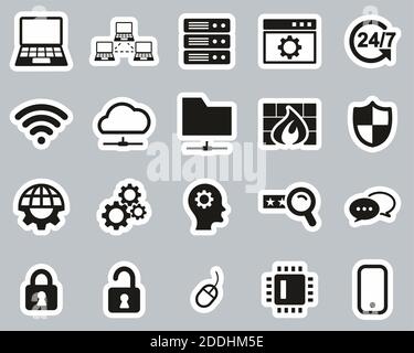 System Administrator Icons Black & White Sticker Set Big Stock Vector