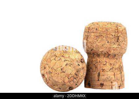 Two corks of champagne close-up on a white background. Copy space. Stock Photo