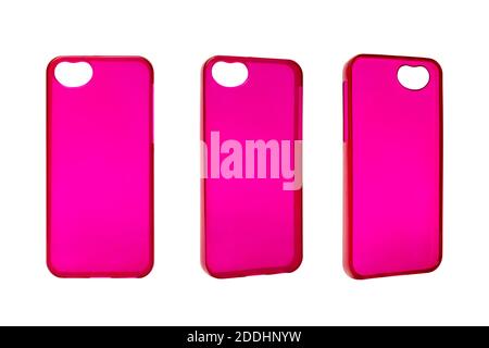 Plastic pink cover for mobile phone isolated on white background. Different angles of smart phone protector case. Silicone phone backs Stock Photo