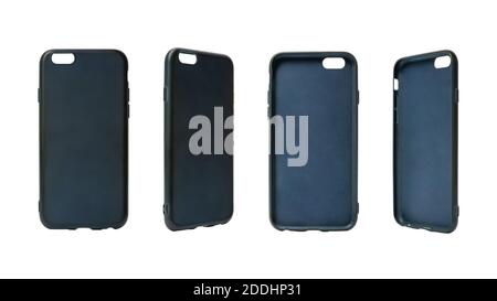 Plastic blue cover for mobile phone isolated on white background. Different angles of smart phone protector case. Silicone phone backs Stock Photo