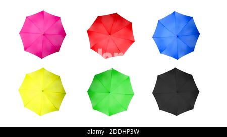 Set of multicolor umbrellas isolated on white background. Top view of classic form of colorful umbrella Stock Photo
