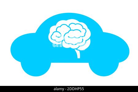Simple vector of blue car with brain. Metaphor of Intelligent car with autonomous driving and self-control. Innovation in car industry - artificial in Stock Photo