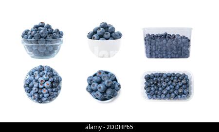 Set of different angles of plastic, ceramic and glass bowl full of blueberries isolated on white background Stock Photo