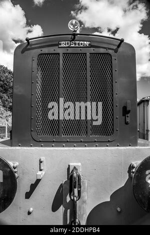 Mono front view of old, vintage Ruston diesel shunting engine with close up of front grille. Stock Photo