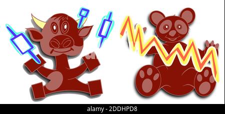 Hand drawn characters: bull juggles the candles and bear keeps the chart. EPS10 vector illustration isolated on white. Stock Vector