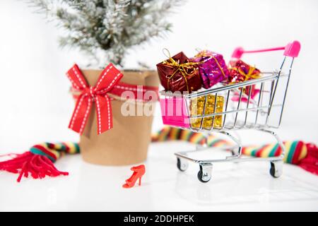 Christmas decoration with alarm clock. Merry Christmas sale concept in macro. Christmas shopping  abstraction. Stock Photo