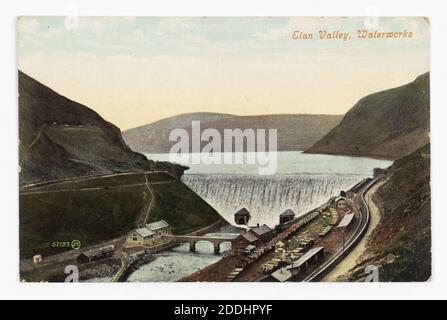 Postcard, Birmingham Waterworks, Elan Valley, Wales, 1908, Topographical Views, View of Caban Dam and reservoir supplying the city of Birmingham with drinking water Stock Photo