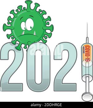 corona virus covid-19 cartoon with new year 2021 vaccine. vector illustration Stock Vector