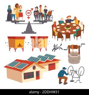 Set of icons gender equality, men and women stand on scales pans, big family sit around table, apiary with wooden hives, houses with solar panels, man fixing bicycle, cartoon flat vector illustration Stock Vector