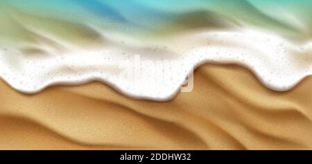 Top view of sea wave with foam splashing on beach with sand. Blue ocean foamy water splash on coastline background. Nature surface at summer day, nautical seascape, realistic 3d vector illustration Stock Vector
