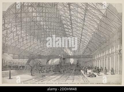 Topographical view of Birmingham, Engraving from Newspaper Birmingham New Street, new Grand Central Railway Station, at Birmingham Opened on Thursday, June 1, 1854, Social history, Topographical Views, England, Midlands Stock Photo