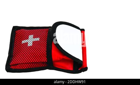Close up view of first aid kit isolated on white background. Safety concept. Stock Photo