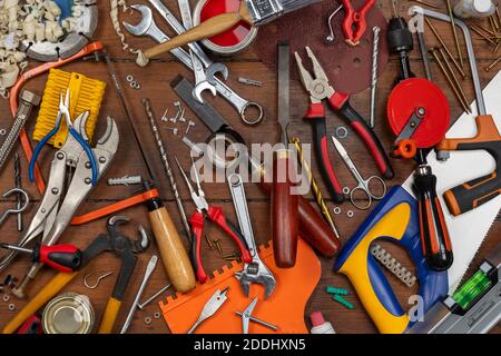 Selection of tools used in the home for simple repair and maintenance. Stock Photo