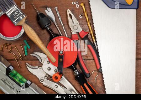 Selection of tools used in the home for simple repair and maintenance - space for text Stock Photo