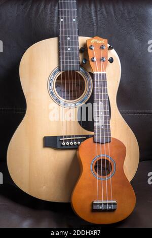 Acoustic gutar and ukulele Stock Photo
