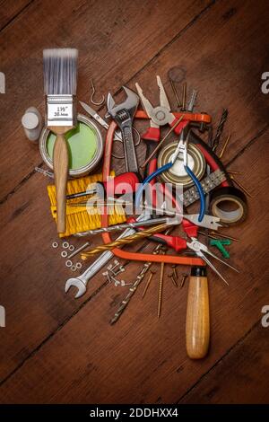 Selection of tools used in the home for simple repair and maintenance ...