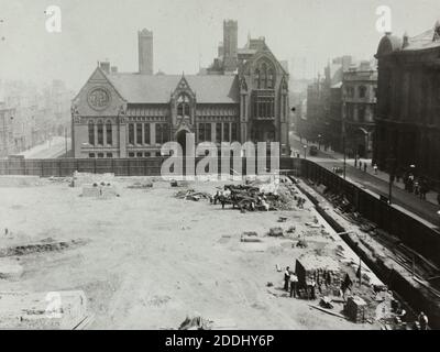 Corner of Margaret Street and Edmund Street, Birmingham, being prepared for the construction of Gas Hall, early 20th Century., Birmingham School of Art, Architecture, Construction Stock Photo