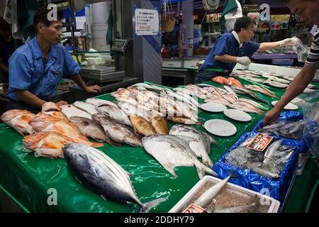 Horizontal view of one of the Omicho fresh food market fish stalls with the fishmongers in the background, Kanazawa, Japan Stock Photo