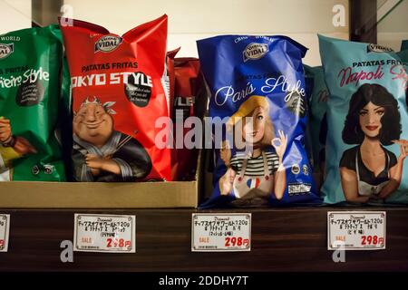 Horizontal close-up view of some assorted bags of Spanish chips for sale in Omicho fresh food market, Kanazawa, Japan Stock Photo