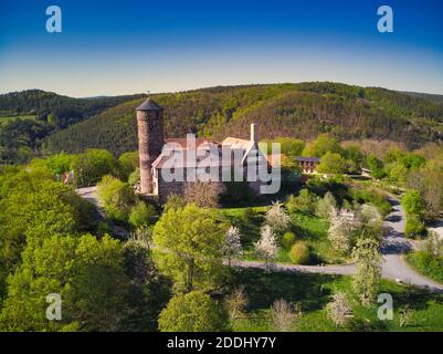 Burg Ludwigstein bei Witzenhausen im Werratal mit Rapsblüte im Frühling. Stock Photo