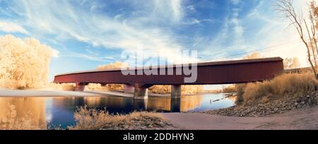 The Medora Covered Bridge near Medora, IN shot in 665nm IR light. Stock Photo
