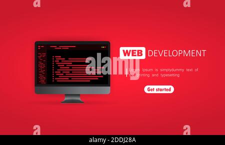 Web development on computer illustration. Flat design concepts for analysis, coding, programming, programmer and developer. Vector on isolated Stock Vector