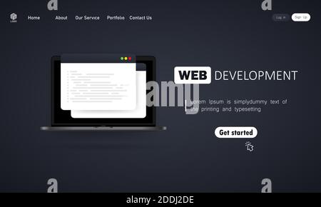 Web development illustration. Working on laptop. Flat design concepts for analysis, coding, programming, programmer and developer. Vector on isolated Stock Vector