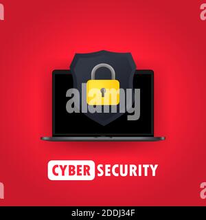 Computer security illustration. Protect your laptop concepts. Notebook and shield icon with padlock. For web banners, web sites, printed materials Stock Vector