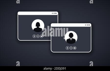 Video call conference illustration. Working from home, social distancing, business discussion. Vector on isolated background. EPS 10 Stock Vector