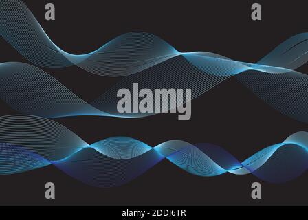 Vivid illustration of blue line waves on a black background. Example of linear wave design Stock Vector