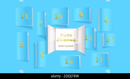 Christmas advent calendar door opening. Realistic an open wide doors on light blue background. Merry Christmas poster concept. Festive vector illustra Stock Vector