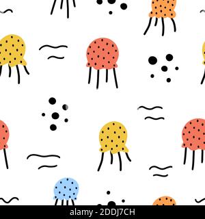 Cute nursery seamless pattern with colorful jellyfishes and abstract elements isolated on white background. Scandinavian style hand drawn vector illus Stock Vector