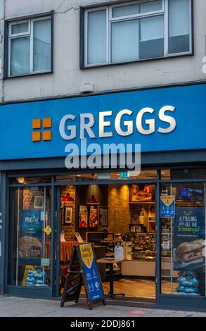 a high street branch on greggs bakery open during the covid 19 pandemic selling sandwiches and baguettes. Stock Photo