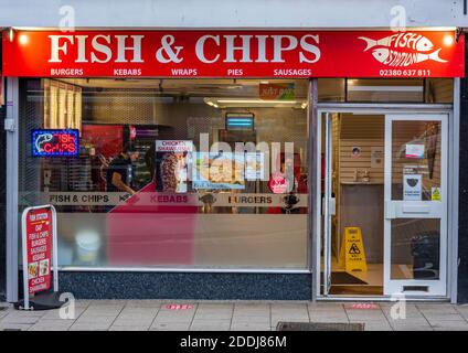 a traditional english takeaway fish and chip shop in the city centre of southampton. Stock Photo