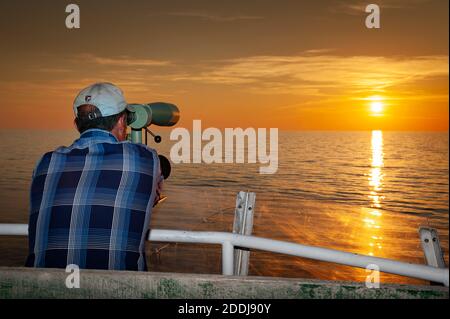 Fisherman looking for fish. Atlantic bluefin tuna fishing. Mediterranean Sea. Stock Photo