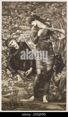 The Beguiling of Merlin,1900 After: Sir Edward Burne-Jones (d.1898) Publisher: Berlin Photographic Company, Book, 19th CenturyPre-Raphaelite, Photographic print, Photogravure, Female, Male, Snake, Nature, Animal, snake Stock Photo