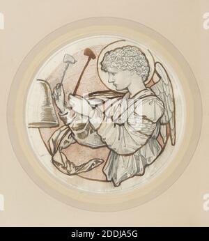 Angel Playing on Bells, 1865 Sir Edward Burne-Jones (d.1898), Design for Church, St John the Evangelist, Torquay, 19th Century, Ink, Pencil, Chalk, Religion, Christian, Angel, Hammer, Mixed media, Round, Bell, England, Devon, Works on Paper Stock Photo